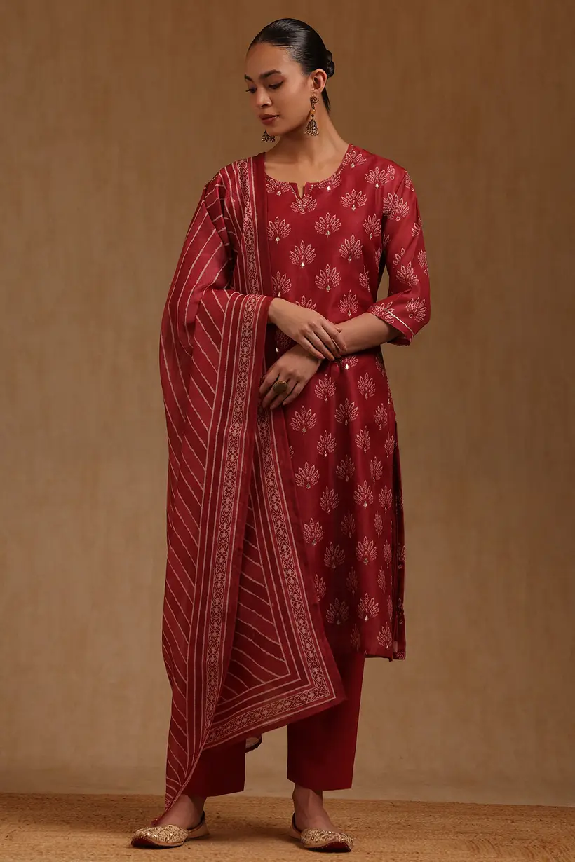Brick Red Chanderi Floral Printed Salwar Suit With Zari